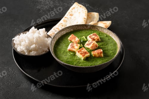 Preview: Palak Paneer served with basmati rice on a black background. Indian vegetarian cuisine of spinach