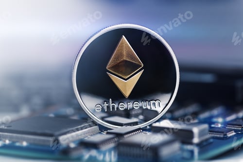 Preview: Ethereum crypto-currency on mainboard. Macro technology and computing concept.