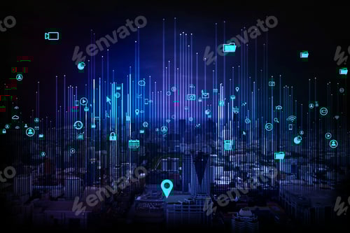 Preview: City scape at night and network connection concept