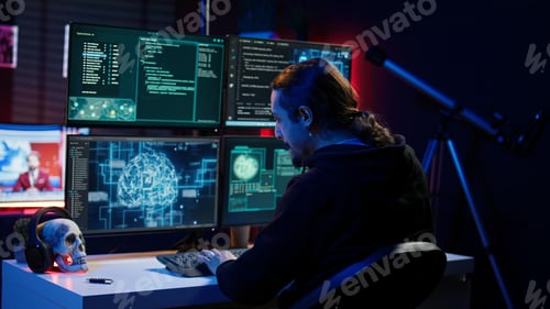 Preview: Hacker drinking coffee while running artificial intelligence spyware software
