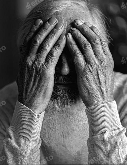 Preview: focus on the hands of an old man who hides his face in his hands, black and white portrait