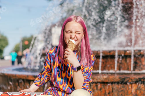 Preview: Happy pink-haired teen girl eats ice cream in the park against the background of the city fountain.