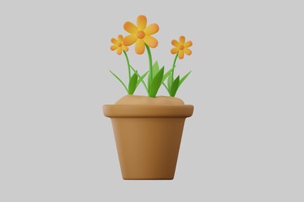 Preview: Terracotta flower pot with three flowers and leaves