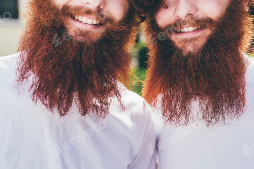 Preview: Cropped portrait of young male hipster twins with red beards wearing white tshirts
