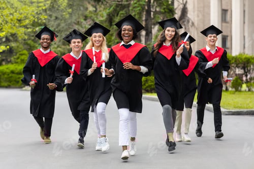 Visualização: Estudantes multirraciais alegres em trajes de formatura caminhando pelo campus universitário