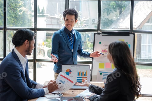 Preview: Colleagues meeting discuss business project planning, marketing strategies, and financial report ana