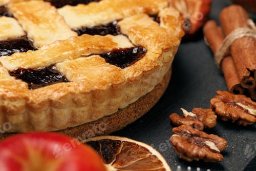 Preview: Berry tart pie on black table close up