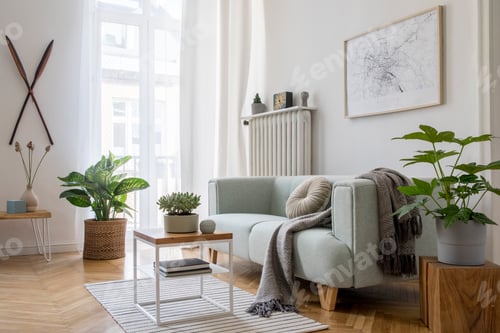 Preview: Cozy and creative composition of stylish living room interior design with mock up poster frame.