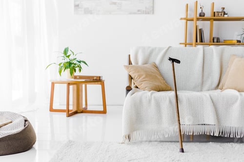 Preview: modern living room with sofa, coffee table and walking cane