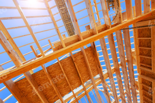 Preview: Wooden beams open roof structure with a progress large construction site created by woodwork.