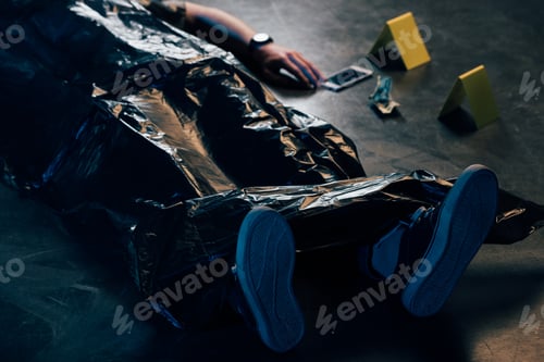 Preview: partial view of covered corpse and evidences at crime scene