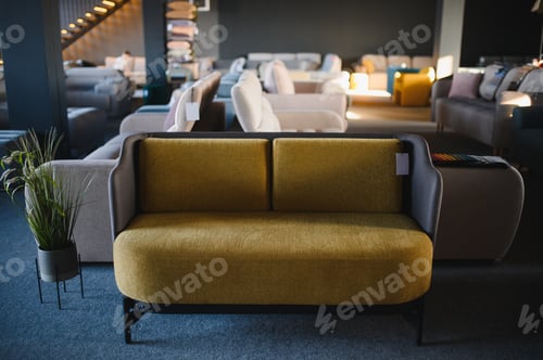 Preview: Modern yellow sofa displaying in furniture showroom interior