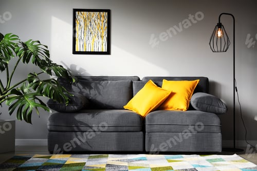 Preview: Stylish Interior Of Living Room With Comfortable Grey Sofa