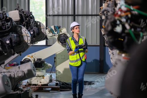 Preview: Female business owner engineer managing and checking work at factory