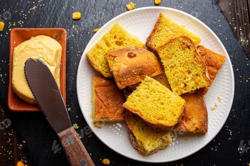 Preview: Homemade cornbread slices on white dish and butter flat lay view