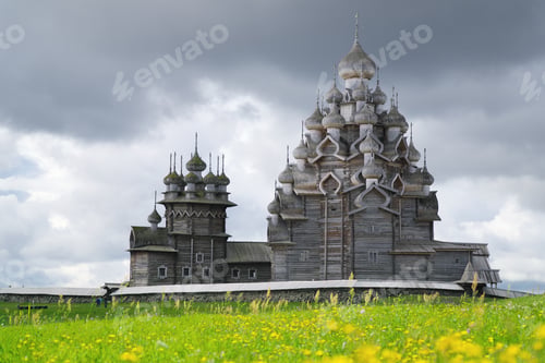 Preview: View of the famous Kizhi Pogost at summer cloudy day