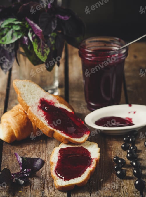 Preview: Breakfast: Croissants, Black Currant Jam, Berries And Basil