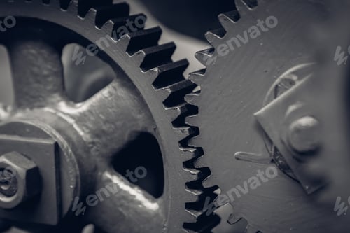 Vista previa: Close-up old industrial gear wheels., industry parts concept.
