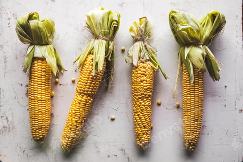 Preview: Raw Corns Freshly Picked with Green Cornhusk on Rustic Table Vintage Background Top View