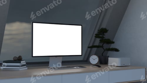 Preview: White screen and portable computer with book and clock aside bonsai pot on table in dim attic room.