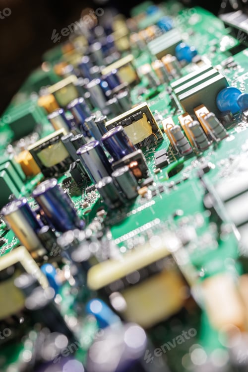 Preview: Macro electronic power circuit board with populated components