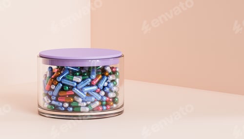 Preview: Capsule pills in glass with cover on beige background, healthcare medical concept