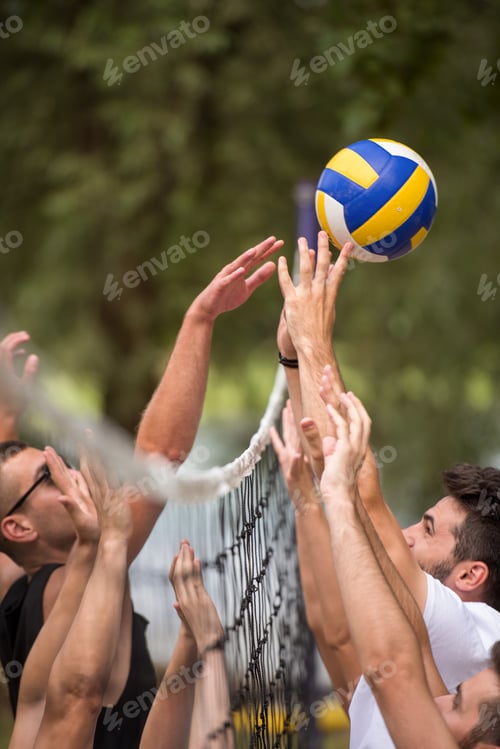 Preview: group of young friends playing Beach volleyball