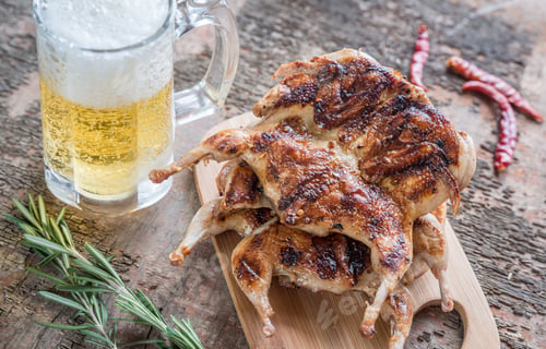 Preview: Grilled quails with glass of beer
