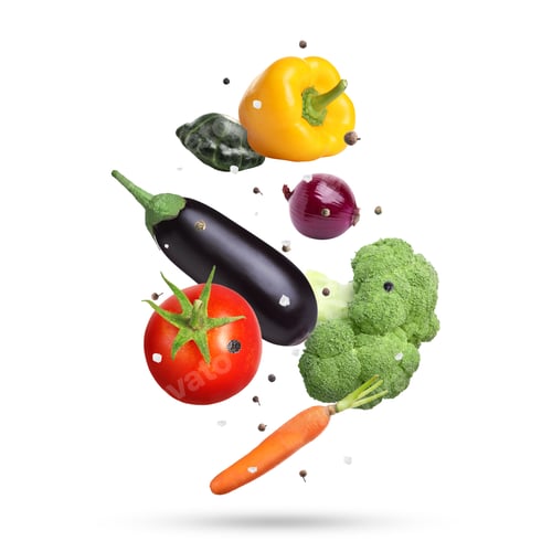 Preview: Fresh vegetables and spices in air on white background