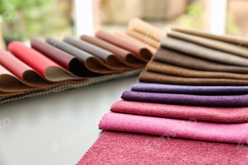 Preview: Fabric and leather samples of different colors for interior design on table