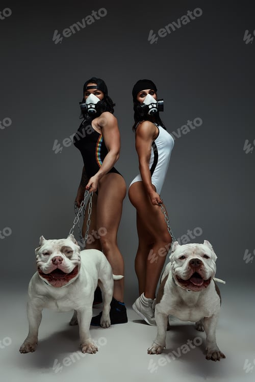 Preview: two young sporty women in protective mask keep dog american bully on a leash dogs. Pandemic