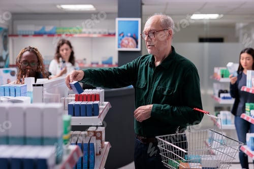 Preview: Cheerful old customer looking at pills package