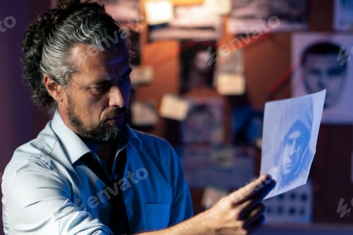 Preview: close up in the detective's office middle-aged investigator in a shirt and tie examines with a