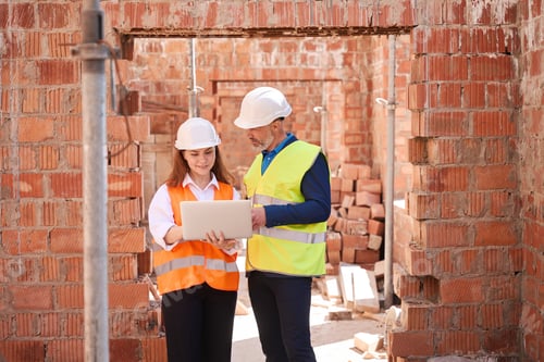 Preview: Building engineers in hardhats checking 3d building layout on laptop