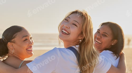 Preview: Portrait, hug and women friends at beach for vacation, holiday or summer trip. Back view, smile and