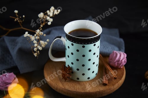 Preview: Festive cozy coffee cup with marshmallows among Christmas bokeh. Christmas aesthetics food