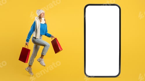 Preview: Happy Young Woman Shopping With Red Bags and Smartphone Advertisement