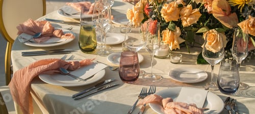 Preview: Banner Wedding banquet concept. Chairs and round table for guests, served with cutler and, flowers