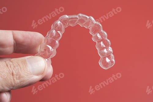 Preview: Transparent dental aligner held by a hand against a red background