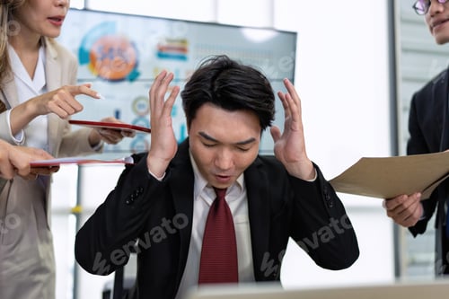 Preview: Stressed overwhelmed business worker feels tired at work overload exhausted suffering from headache