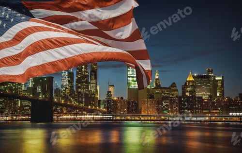 Preview: United States flag New York City's Brooklyn Bridge and Manhattan skyline illuminated