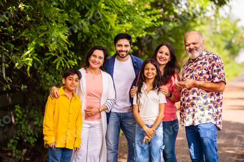 Preview: Indian family bonding happily while standing outdoors and smiling together