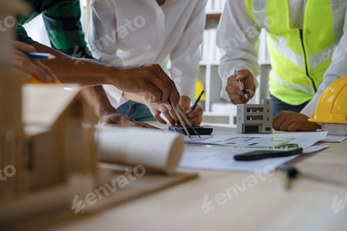 Preview: architect or engineer team working on table use drawing tool.