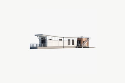 Preview: Single-story building with combined flat and sloped roof and exterior staircase