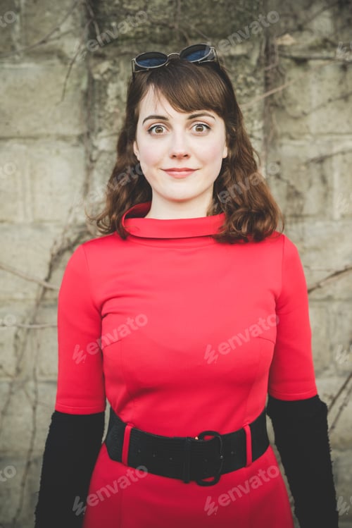 Preview: young beautiful red dressed vintage hipster woman