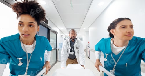 Preview: Running, hospital and doctors with bed in hallway for emergency, surgery and help for medical servi