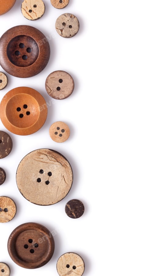 Preview: Button isolated on white background with copy space. Wooden buttons collection isolated