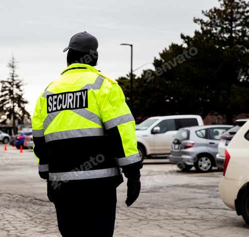 Preview: Rear view of a security guard watching over the parking area