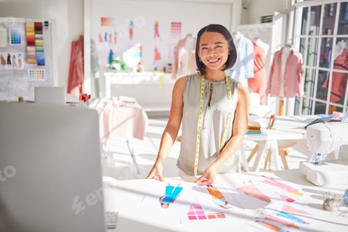 Preview: Asian, fashion and portrait of creative designer in workspace with clothing illustration paper. Sma