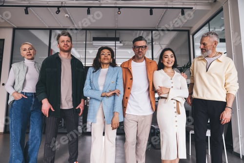 Preview: Cheerful multiracial colleagues standing in row